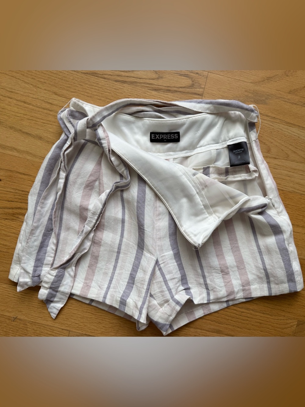 Express High-Waist Striped Tie-Waist Shorts - Cream, Purple & Pink - Picture 2 of 4